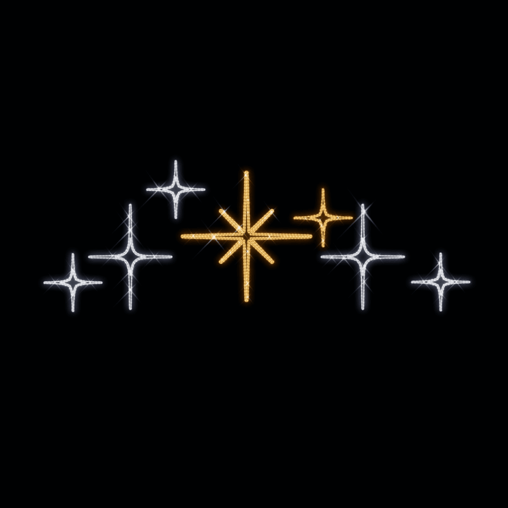 A cluster of seven stars, two made of warm white lights, and five made of pure white lights.