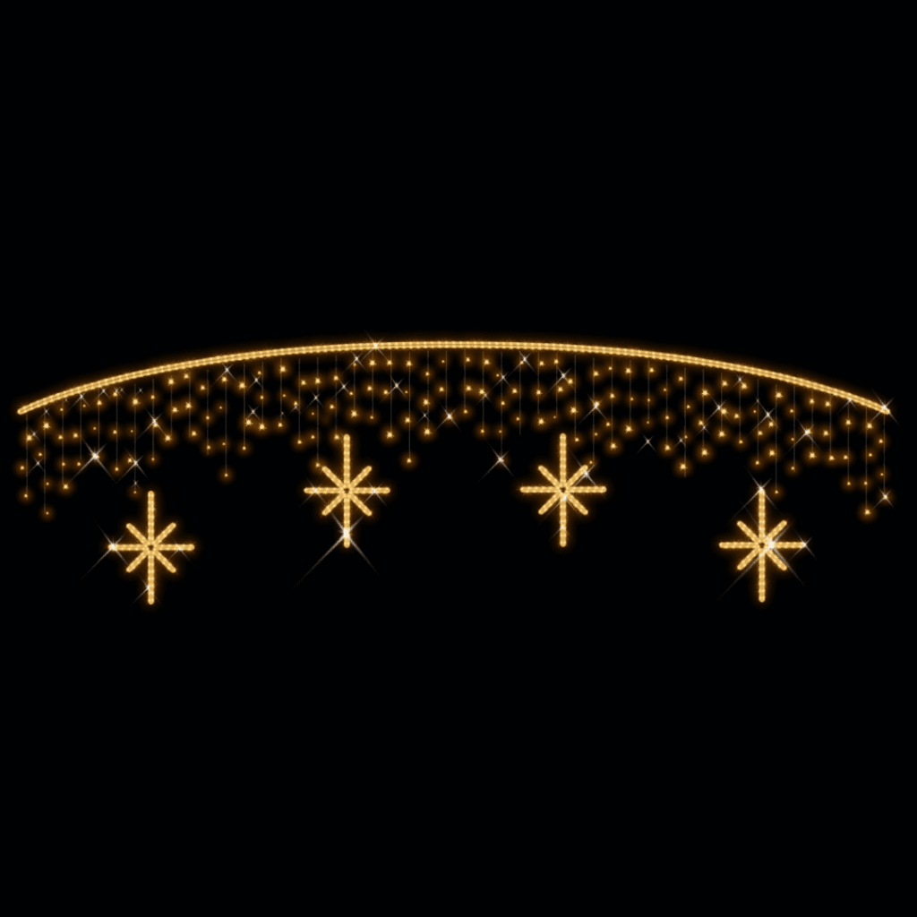 A curved curtain of lights with four "Christmas stars" hanging below.