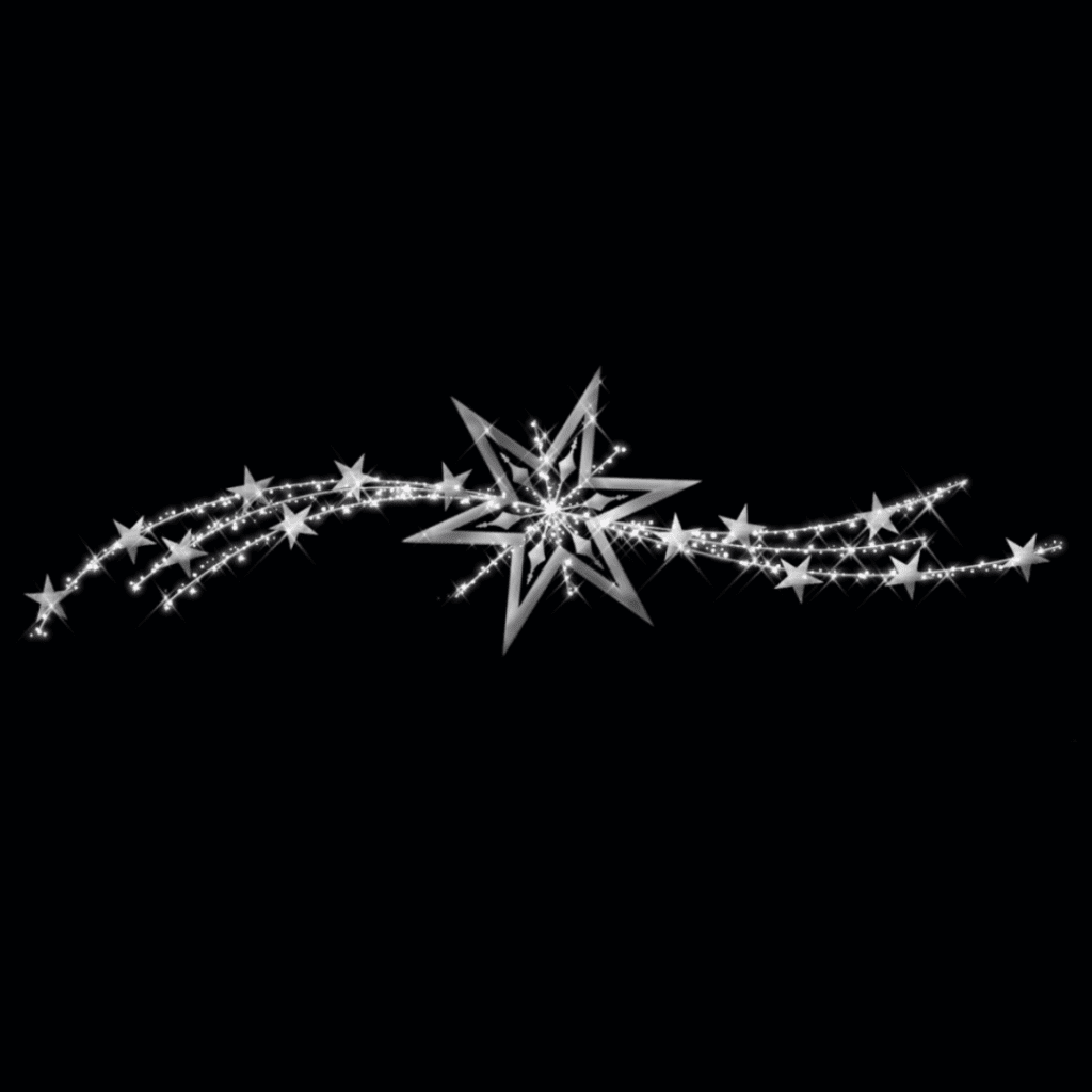 A large six point star with two trails of smaller stars.