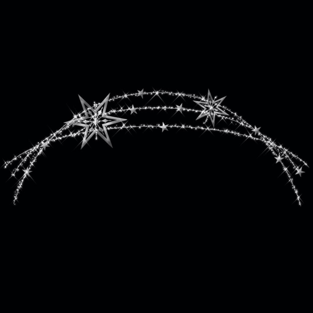 A lighted arch with two, six point stars.