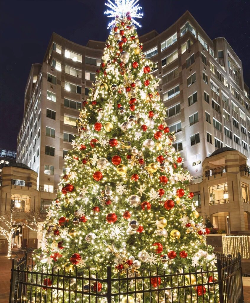 A tall lit Christmas tree with warm white LED lights, decorated with red, gold, and silver ornaments.