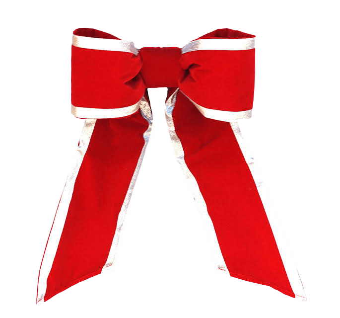 a red bow with silver trim and two loops.