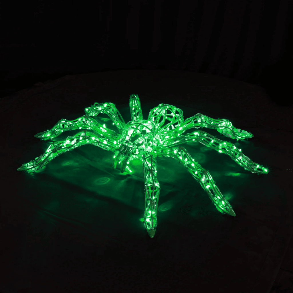 A spider made from green LED lights.
