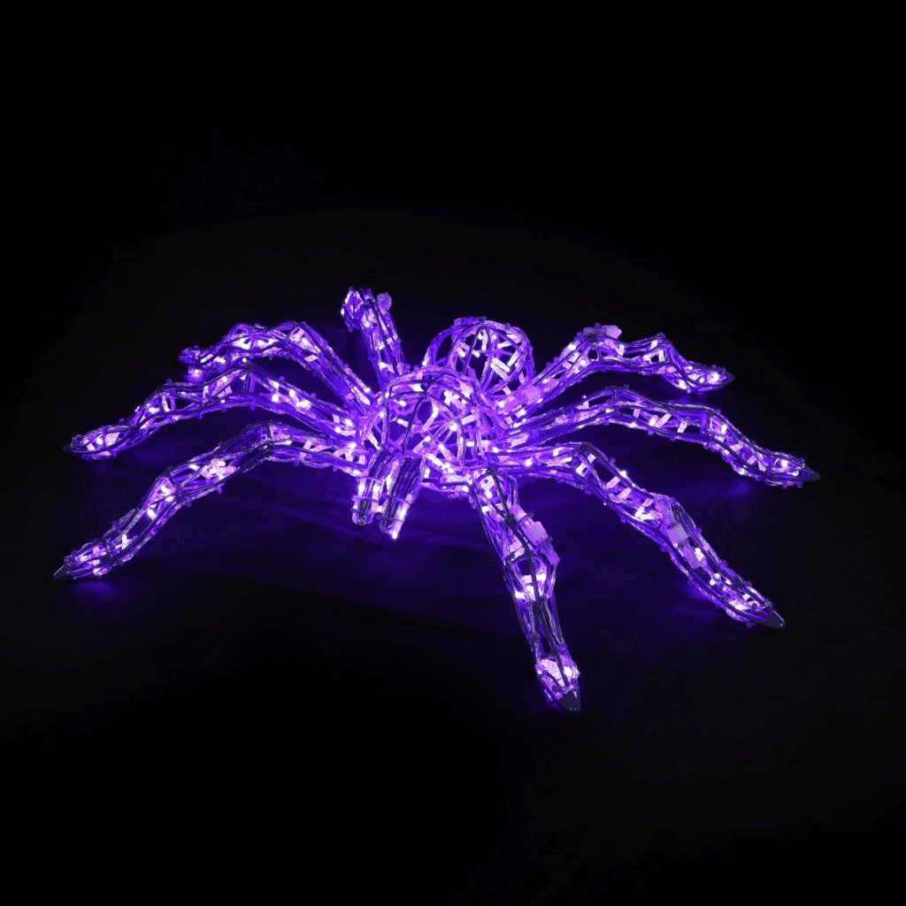 A spider made from purple LED lights.