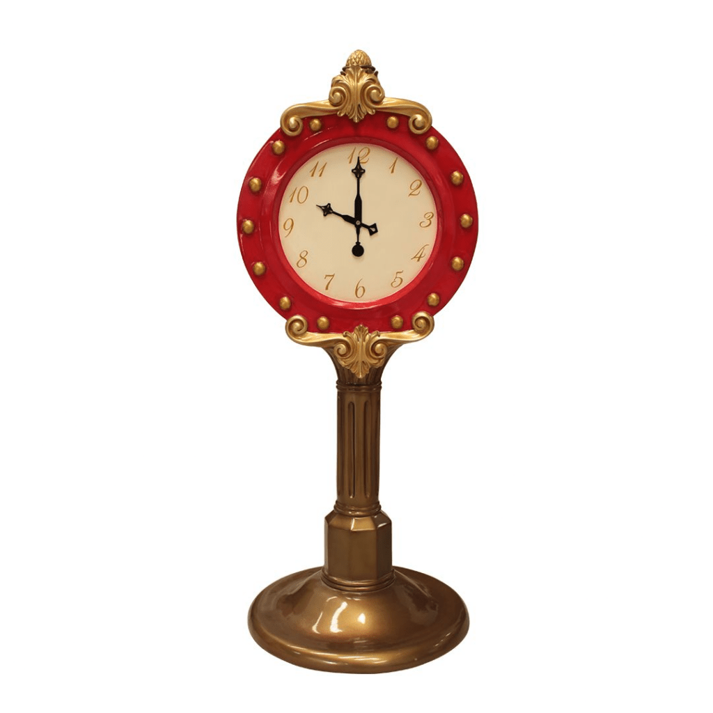 A red and gold clock on a gold base.