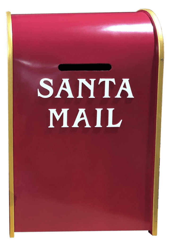 A red mailbox with gold trim, and the words santa mail on the front in white.