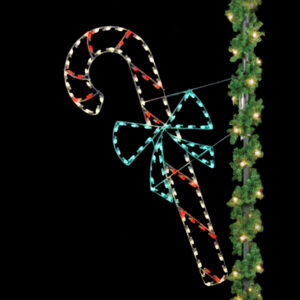 A large Christmas light silhouette of a candy cane with a green bow,