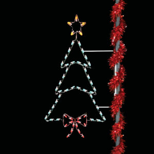 A white wire Christmas light silhouette of a Christmas tree with a gold star and red bow.