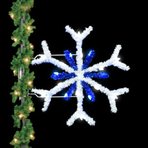 A small white and blue garland covered snowflake decoration with blue and white C7 LED lights.