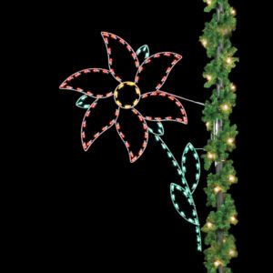 A Christmas light silhouette of a poinsettia on a green stem.