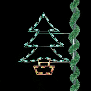 A basic Christmas tree silhouette made from white wire and green C7 LED Christmas lights. The tree silhouette is mounted on a light pole wrapped with green pine garland.