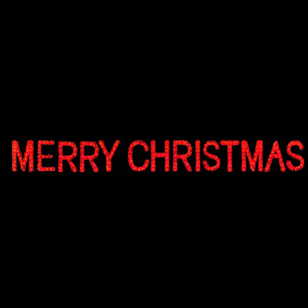 The words MERRY CHRISTMAS in all capital letters, made out of red tinsel garland and C9 LED Christmas lights.