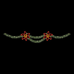 Horizontal pine garland lit with C7 LED lights, with two poinsettias made of tinsel garland and lights.