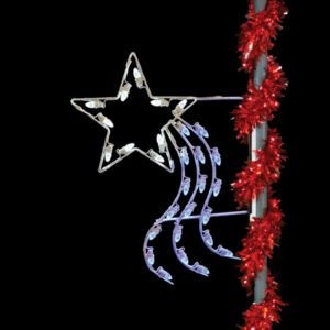 A Christmas light silhouette of a shooting star with blue light tails.