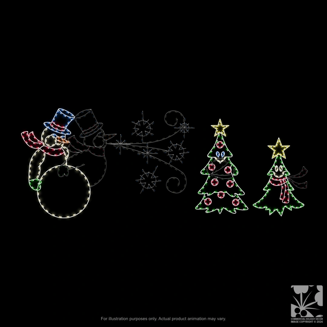 A lighted Christmas silhouette of a snowman blowing snowflakes at two shivering trees.