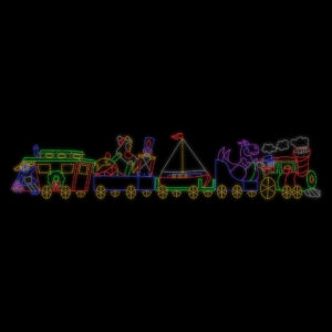 A lighted Christmas silhouette of a cartoonish train pulling railroad cars full of toys.
