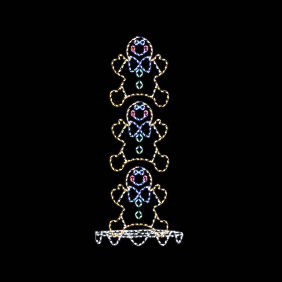 A lighted Christmas silhouette of a gingerbread man jumping up and down on a trampoline.