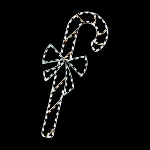 A lighted Christmas silhouette of a candy cane with a green bow.