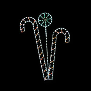 A lighted Christmas silhouette of two candy canes with a lollipop in the middle.
