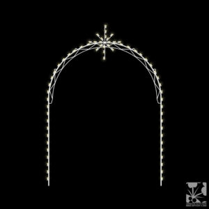 A lighted Christmas silhouette of a white arch with a Bethlehem star at the top.
