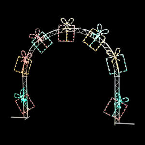 A lighted Christmas silhouette of an arch made of multi colored gift boxes.