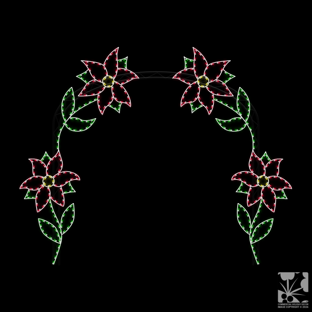 A lighted Christmas silhouette of an arch made of four poinsettias with stems and leaves.