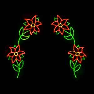 A lighted Christmas silhouette of an arch made of four poinsettias with stems and leaves.