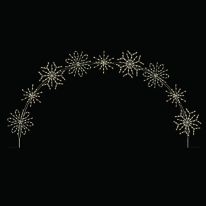 A lighted Christmas silhouette of an arch made of snowflakes.