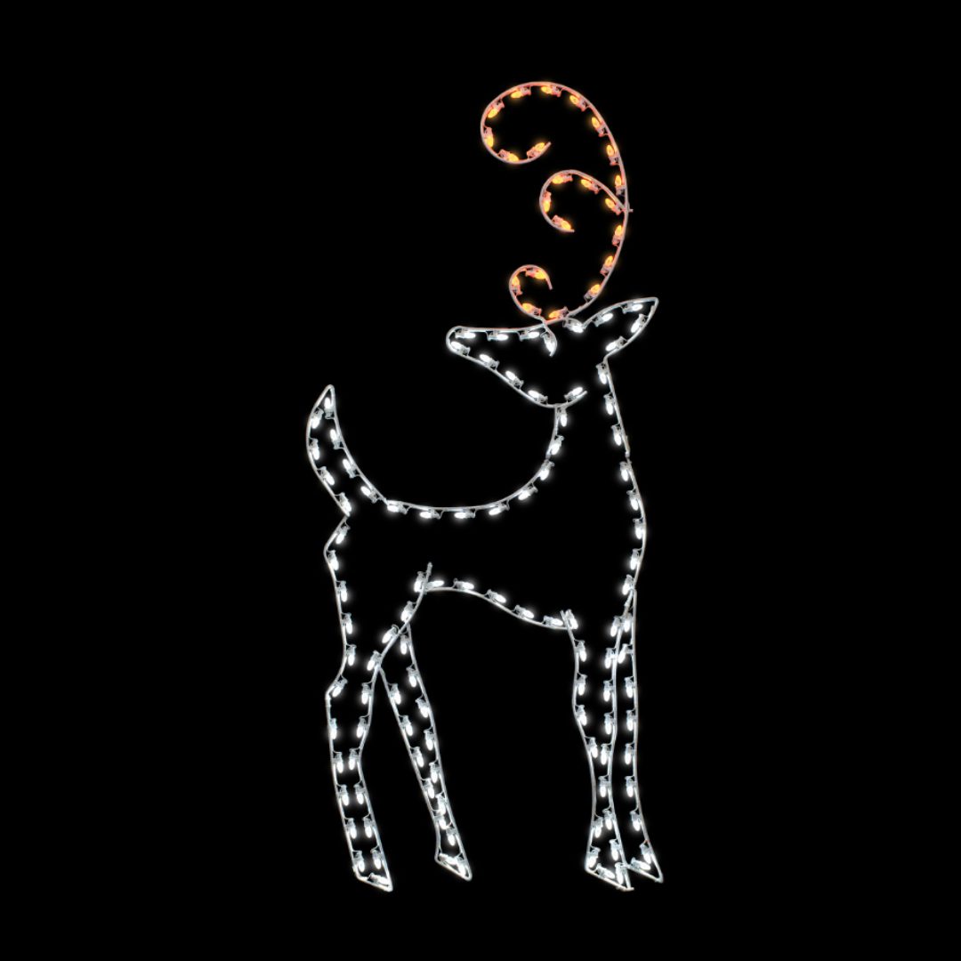 A lighted Christmas silhouette of a deer with a yellow swirl antler with its head looking back.