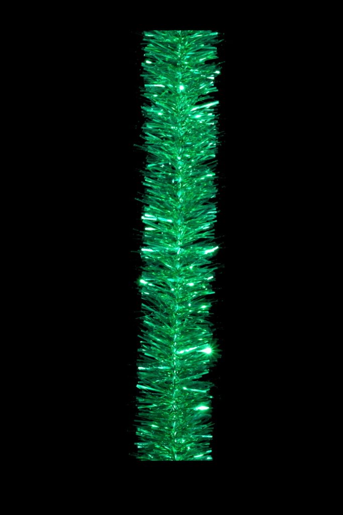 green metallic tinsel rope garland.