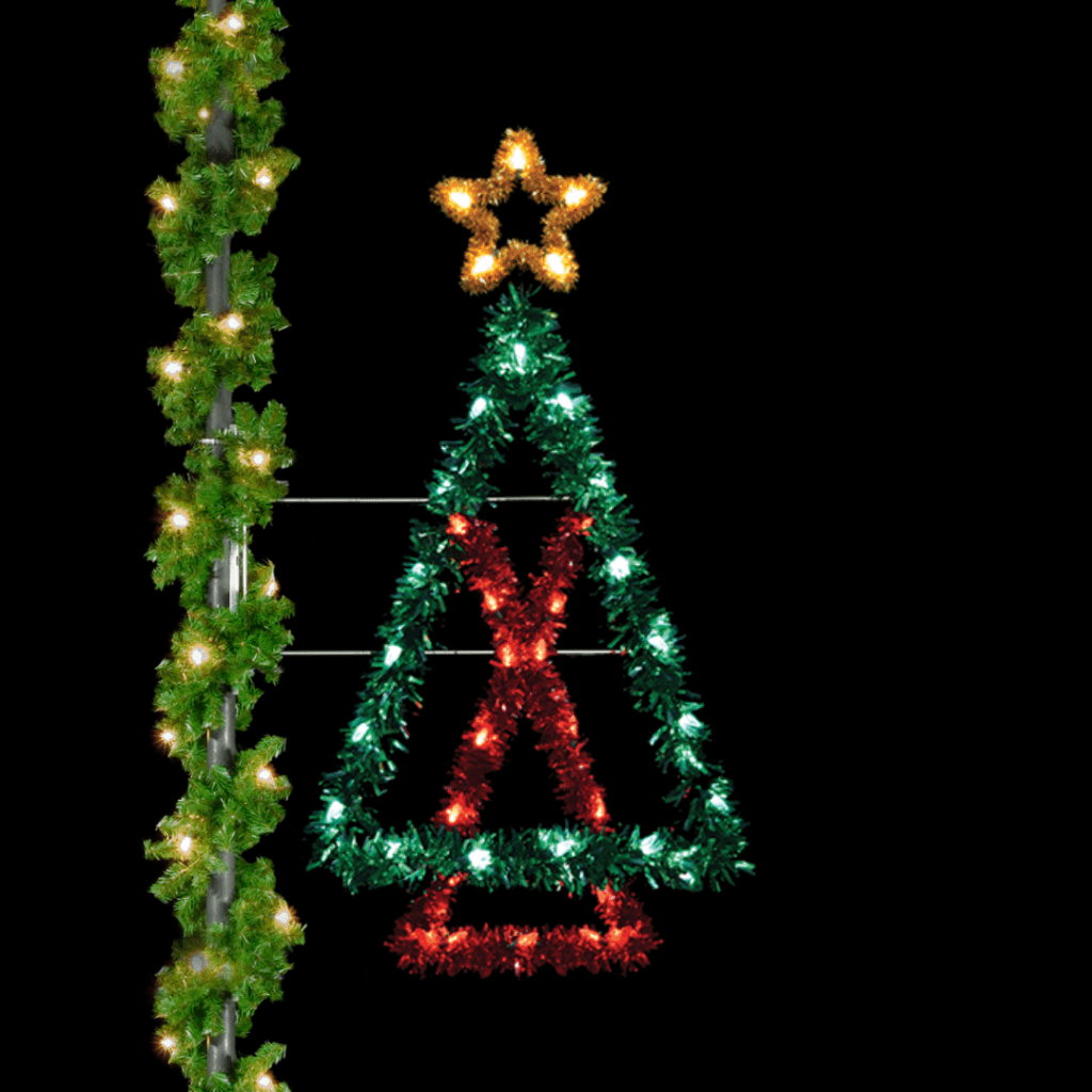 A lighted pole mount decoration of a green tree with a red base and gold star made of colored tinsel garland and C9 LED lights.