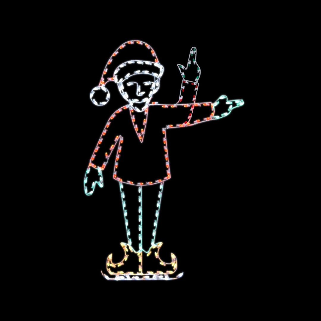 A lighted Christmas silhouette of and elf pointing right.