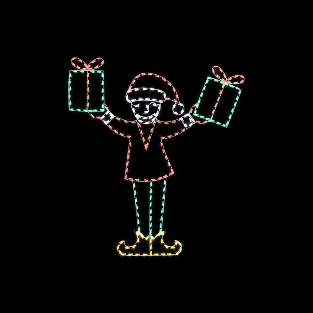 A lighted Christmas silhouette of an elf holding two gift packages.