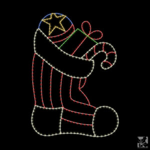 A lighted Christmas silhouette of a giant stocking filled with gifts and candy.