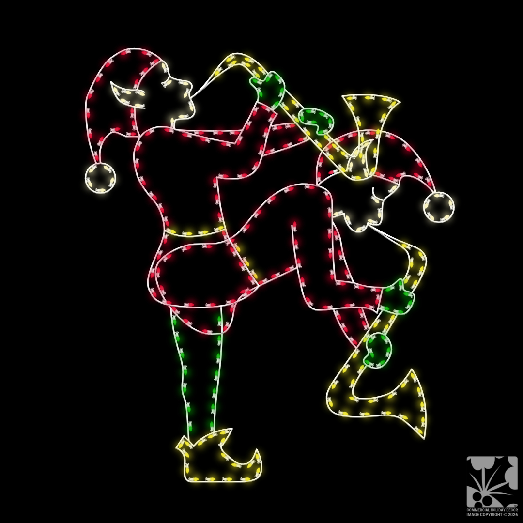 A lighted Christmas silhouette of an elf playing saxophone.