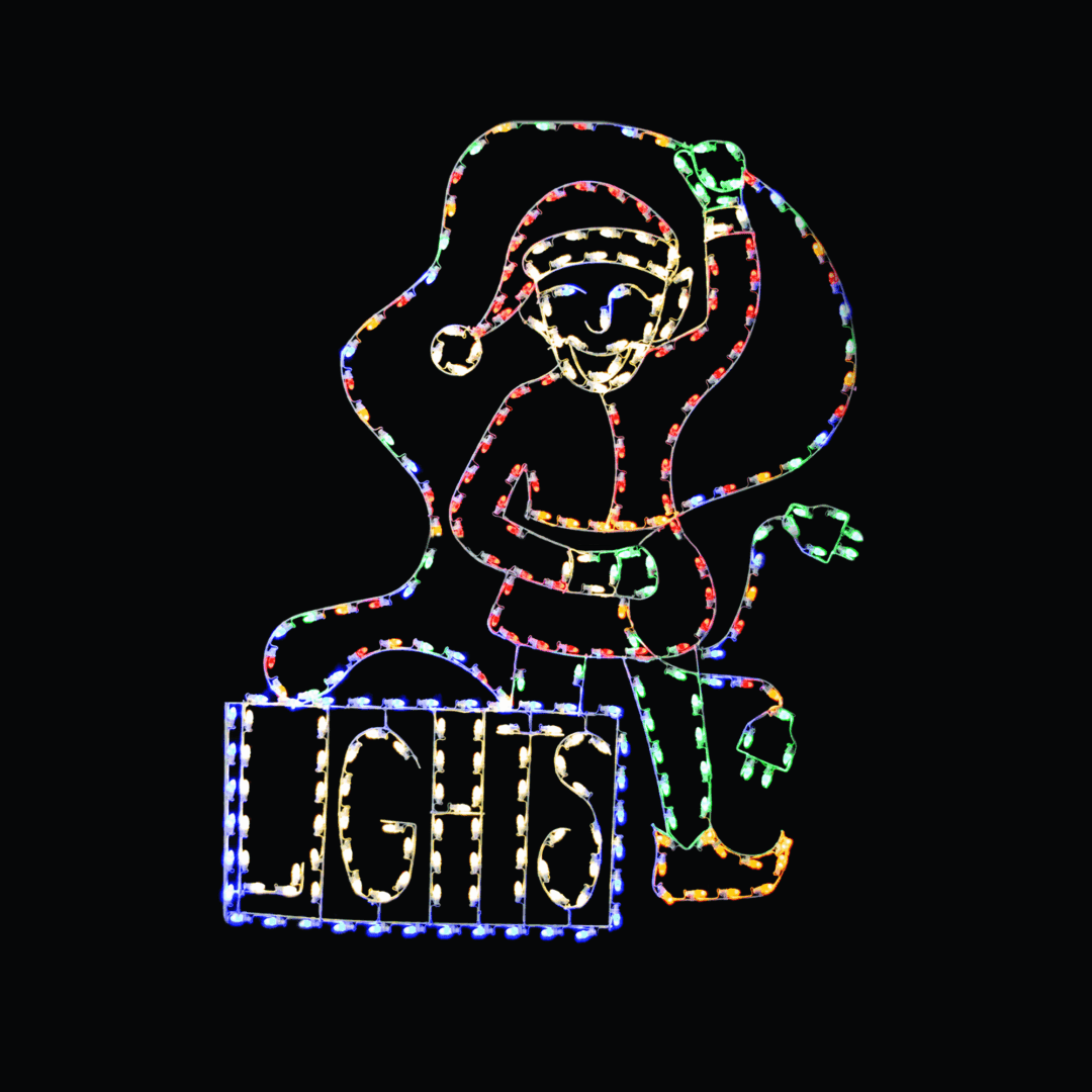 A lighted Christmas silhouette of an elf with a box of lights.