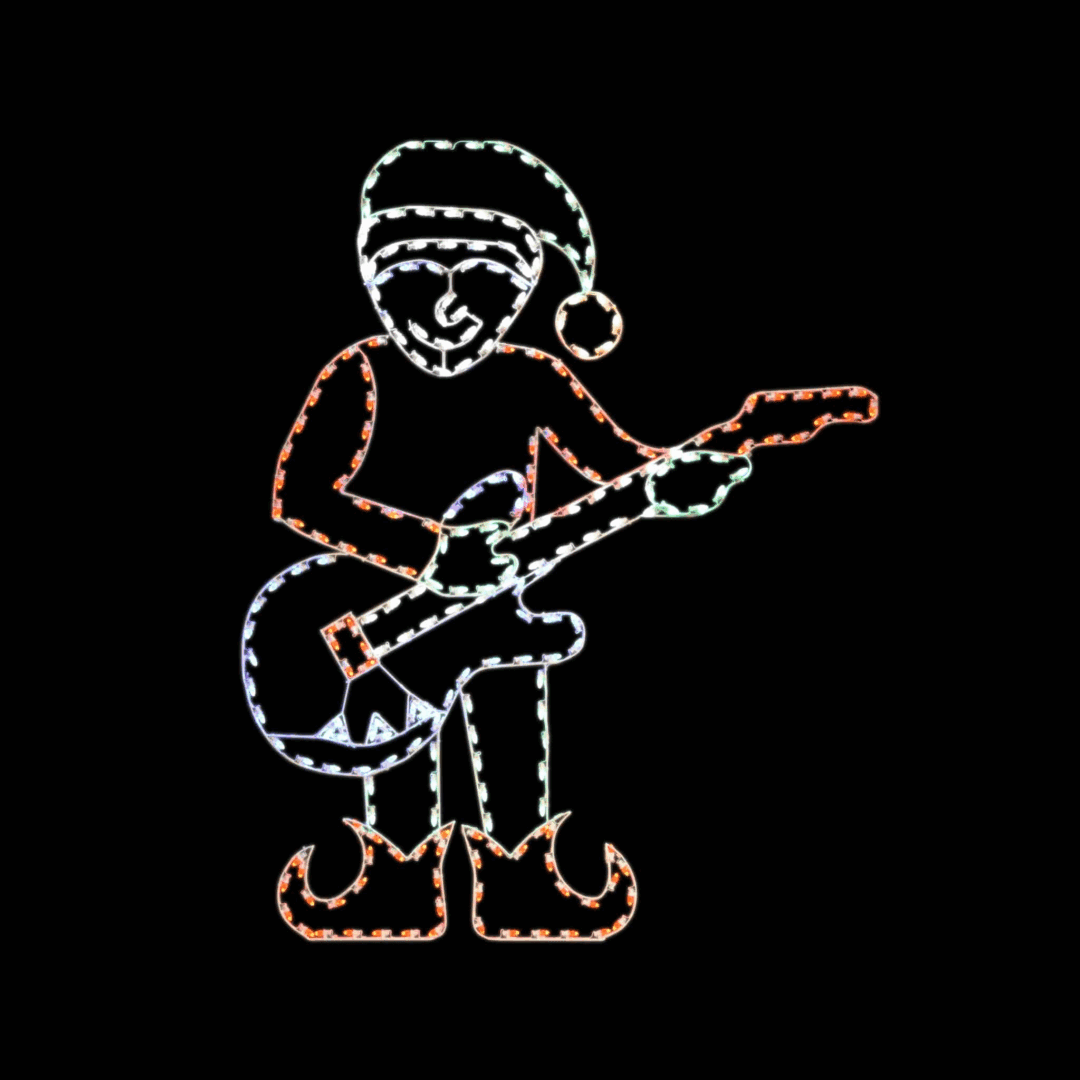 A lighted Christmas silhouette of an elf playing guitar.