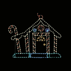 A lighted Christmas silhouette of a gingerbread house made of candy and icing.