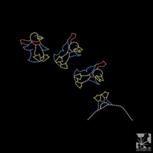 A lighted Christmas silhouette of a penguin wearing a red scarf, jumping to a snowbank.