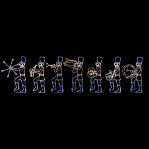 A lighted Christmas silhouette of seven toy soldiers marching in a line and playing instruments.