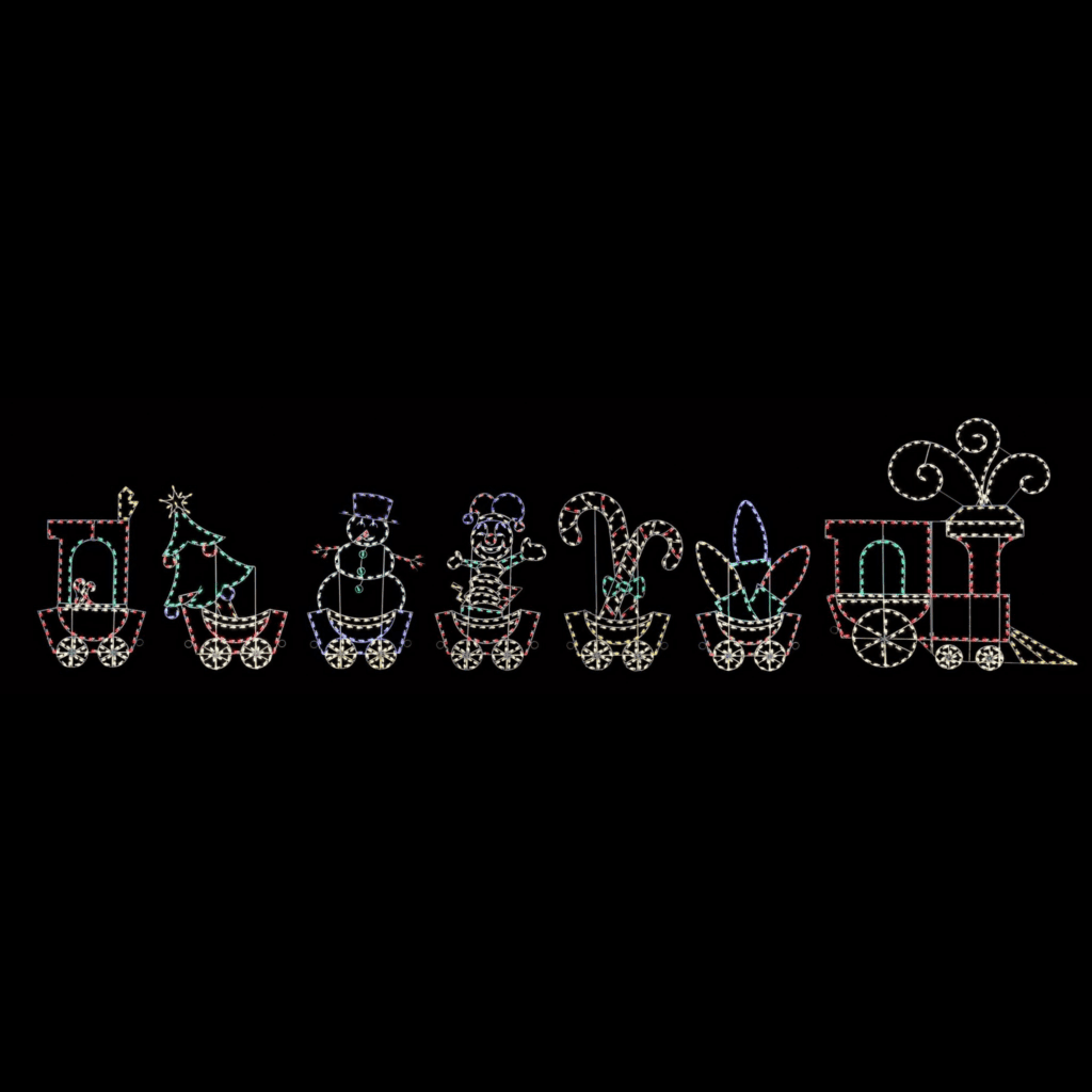 A lighted Christmas silhouette of a train pulling railroad cars full of light bulbs, candy canes, a jack in the box, snowman, and Christmas tree.