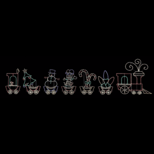 A lighted Christmas silhouette of a train pulling railroad cars full of light bulbs, candy canes, a jack in the box, snowman, and Christmas tree.