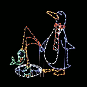 A lighted Christmas silhouette of a blue and white penguin wearing a red and white scarf, fishing from an ice hole.