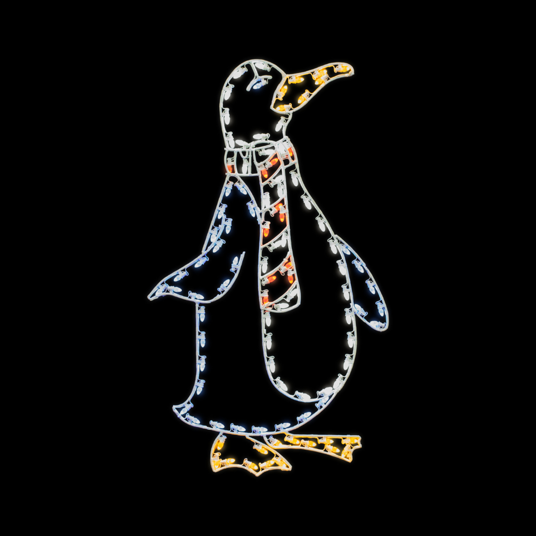 A lighted Christmas silhouette of a blue and white penguin wearing a red and white scarf.