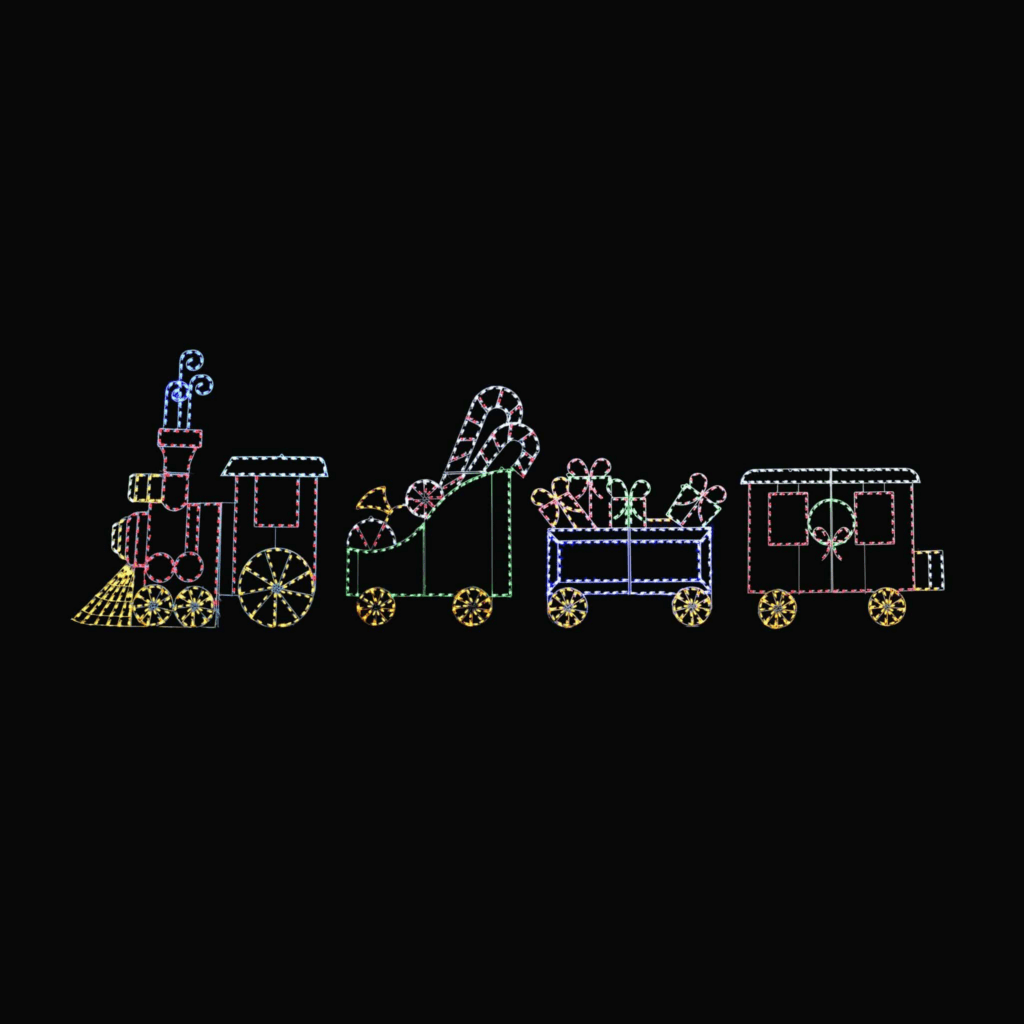 A lighted Christmas silhouette of a train pulling railroad cars full of candy.