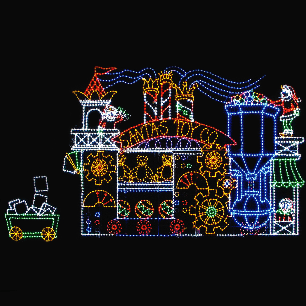 A gigantic lighted Christmas silhouette of Santa's toy company 3 elves making toys.
