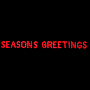 The words "Season's Greetings" made with red tinsel garland and red lights.