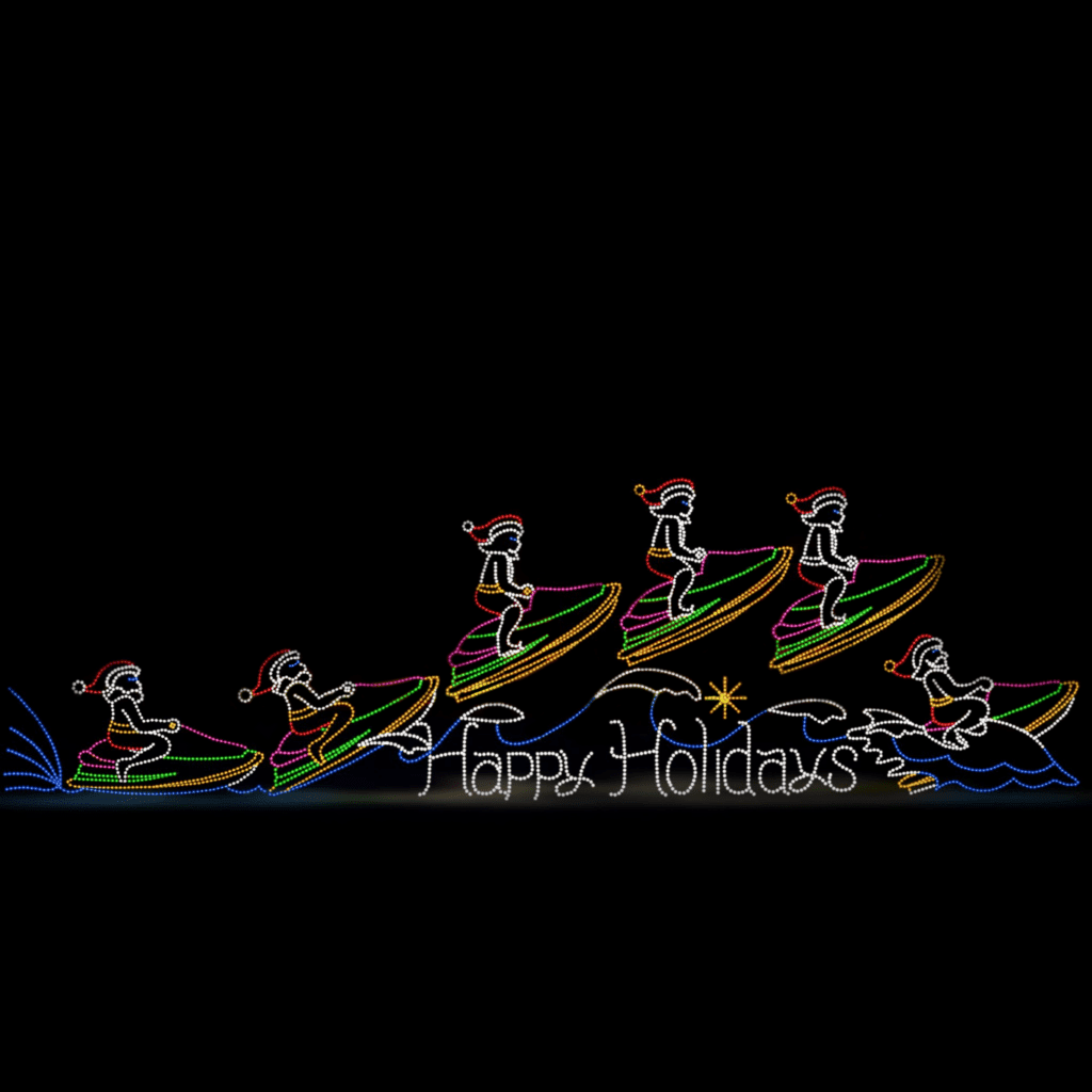 A lighted Christmas silhouette of Santa's on a jet ski, jumping over the words "Happy Holidays".
