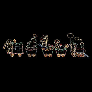 A lighted Christmas silhouette of a teddy bear driving a train pulling train cars full of candy and toys.