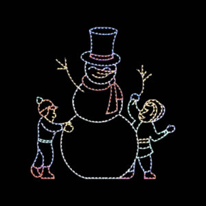 A lighted Christmas silhouette of two children building a snowman with a top hat and scarf.